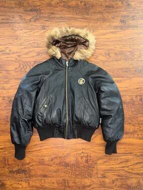 Rocawear Black Leather Bomber Jacket with Faux Fur Hood and Satin Logo Lining